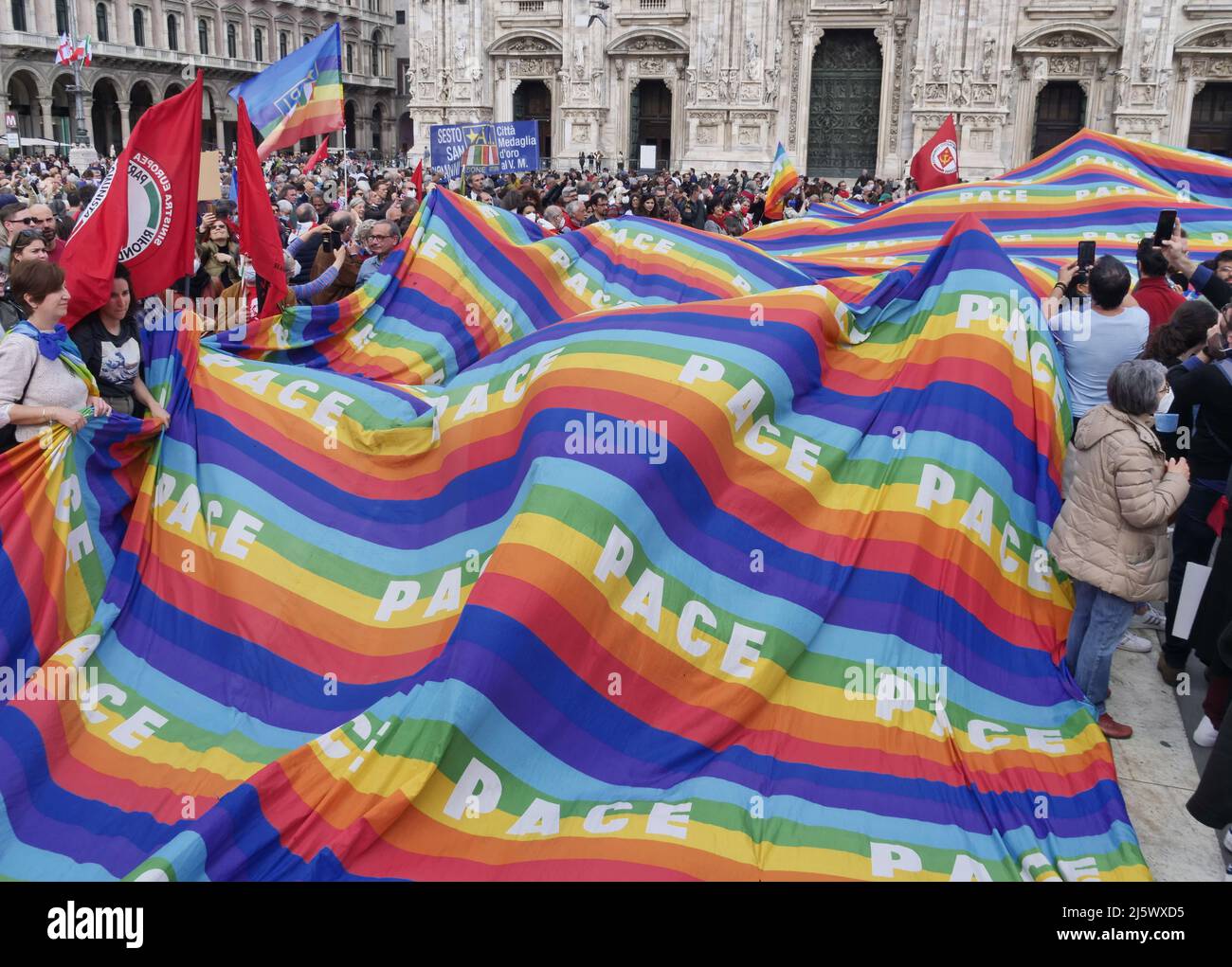 Celebration of liberation held in Milan on 25 April 2022. A big flag for the peace exposed to celebrate the anniversary of the liberation of Italy fro Stock Photo