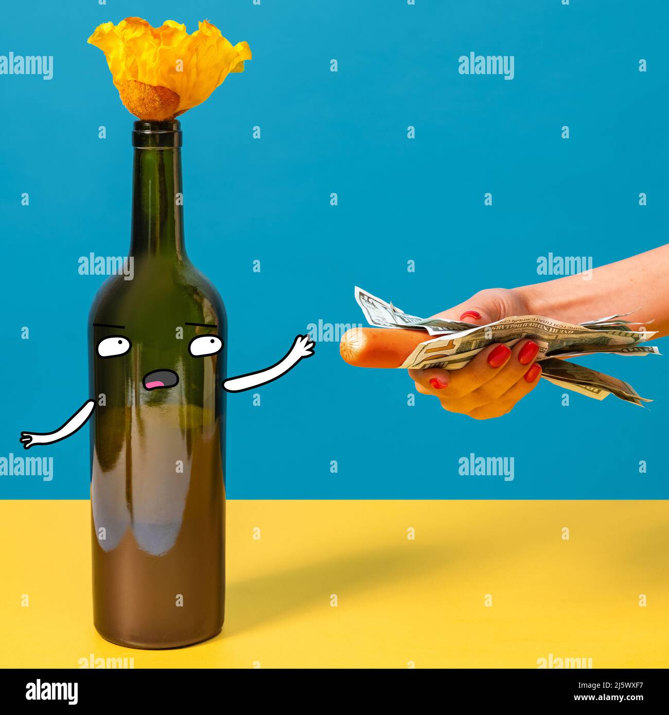 Food pop art photography. Female hand holding hot sausage wrapped in ...