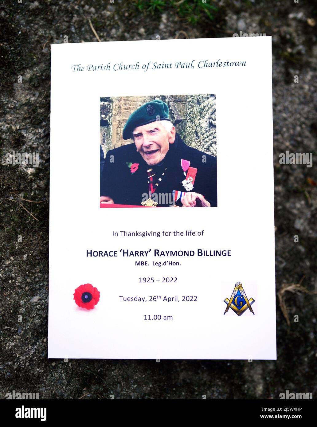 The front page of the order of service for the funeral of 96-year-old World War II serviceman and Royal British Legion fundraiser Harry Billinge, at St Paul's Church in Charlestown, Cornwall. Harry was just 18 when he was one of the first British soldiers to land on Gold Beach during the Battle for Normandy and was one of only four survivors from his unit. Picture date: Tuesday April 26, 2022. Stock Photo