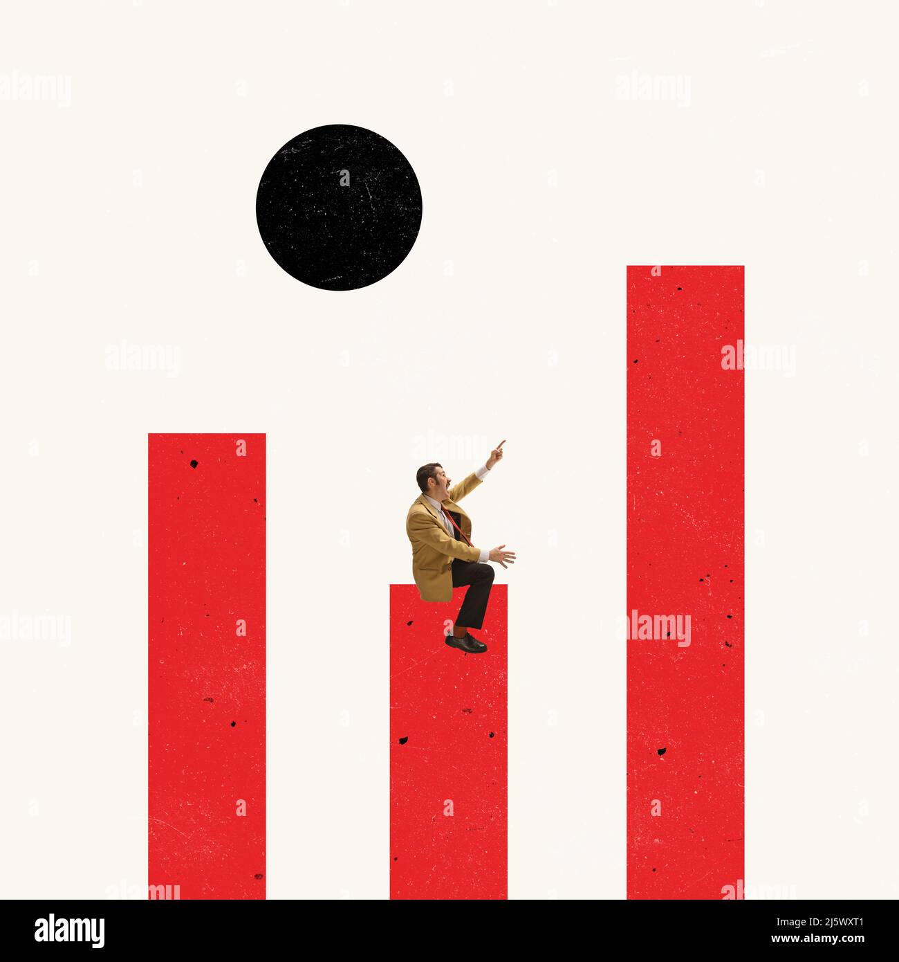 Contemporary art collage. Cheerful employee, businessman sitting on ...