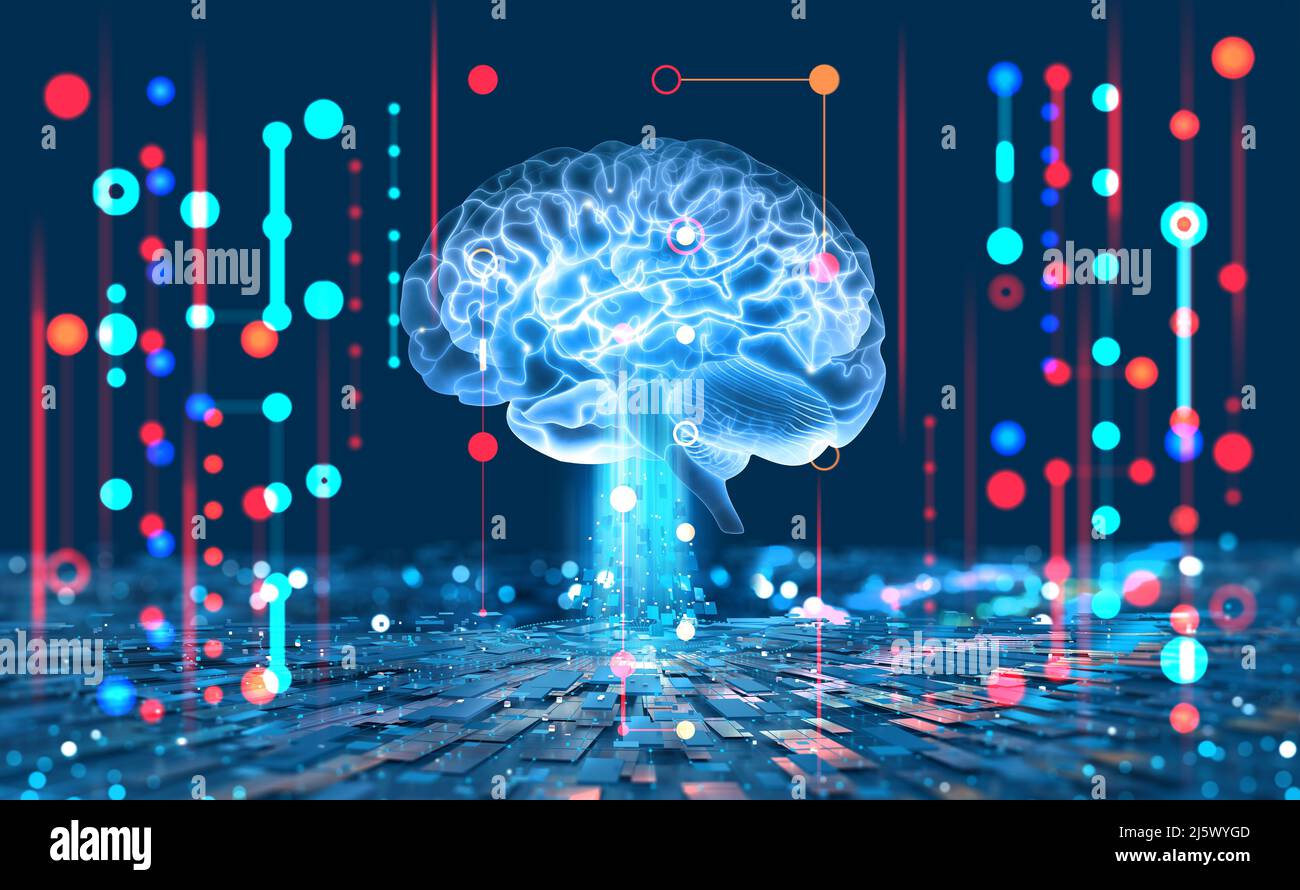 Artificial intelligence, AI, cyber brain. Digital mind 3D illustration. Neural connections and data analysis network structure Stock Photo