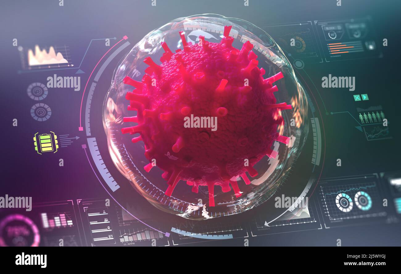 Microbiology of the future. Futuristic concept of the study of viruses and bacteria. 3D illustration on a technological background Stock Photo