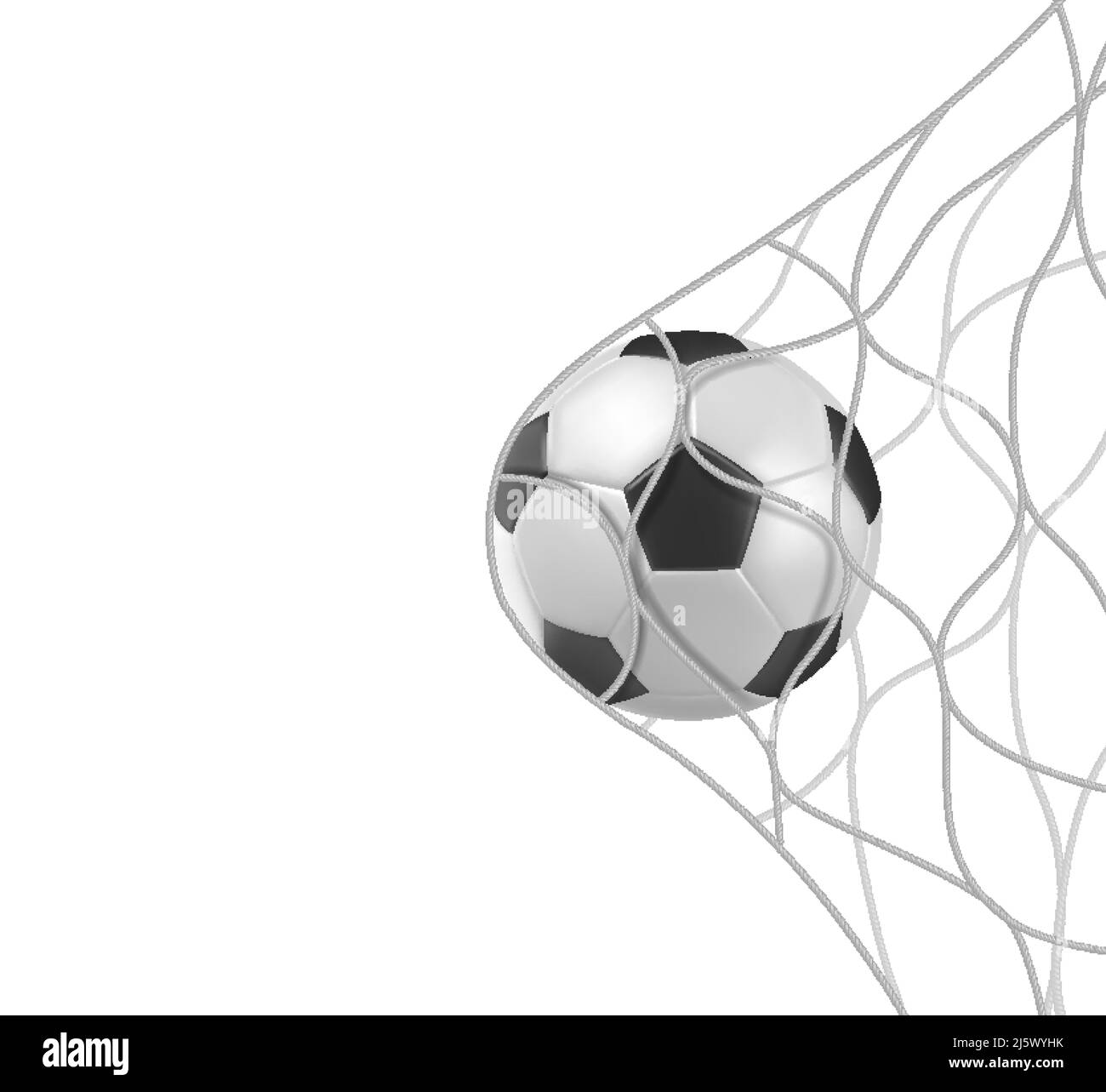 Soccer or football ball in goal net isolated on white background, sports accessory, equipment for playing game, championship or competition, design el Stock Vector