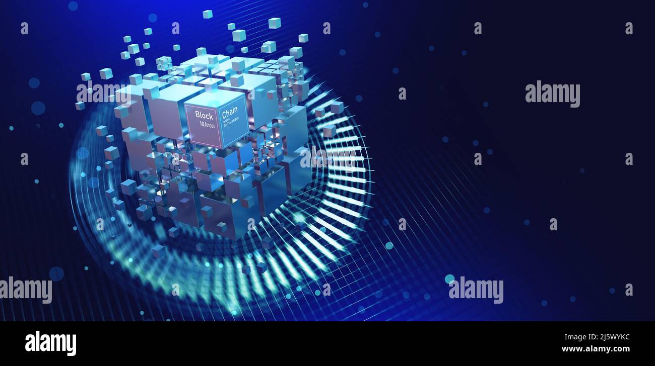 Blockchain abstract concept. Hitech Square blocks are collected in a cubic array against