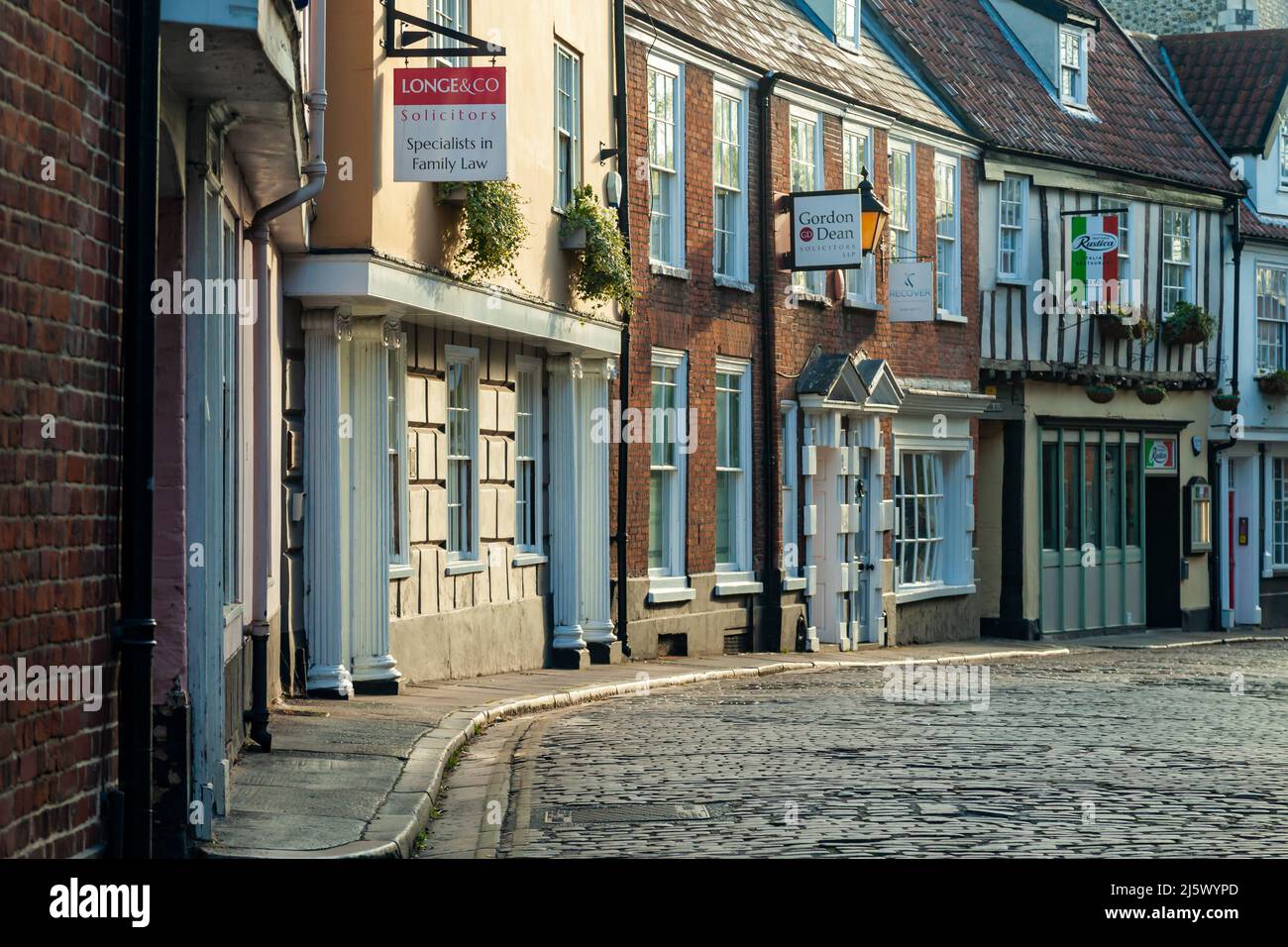 Spring morning on Elm Hill in Norwich, England. Stock Photo