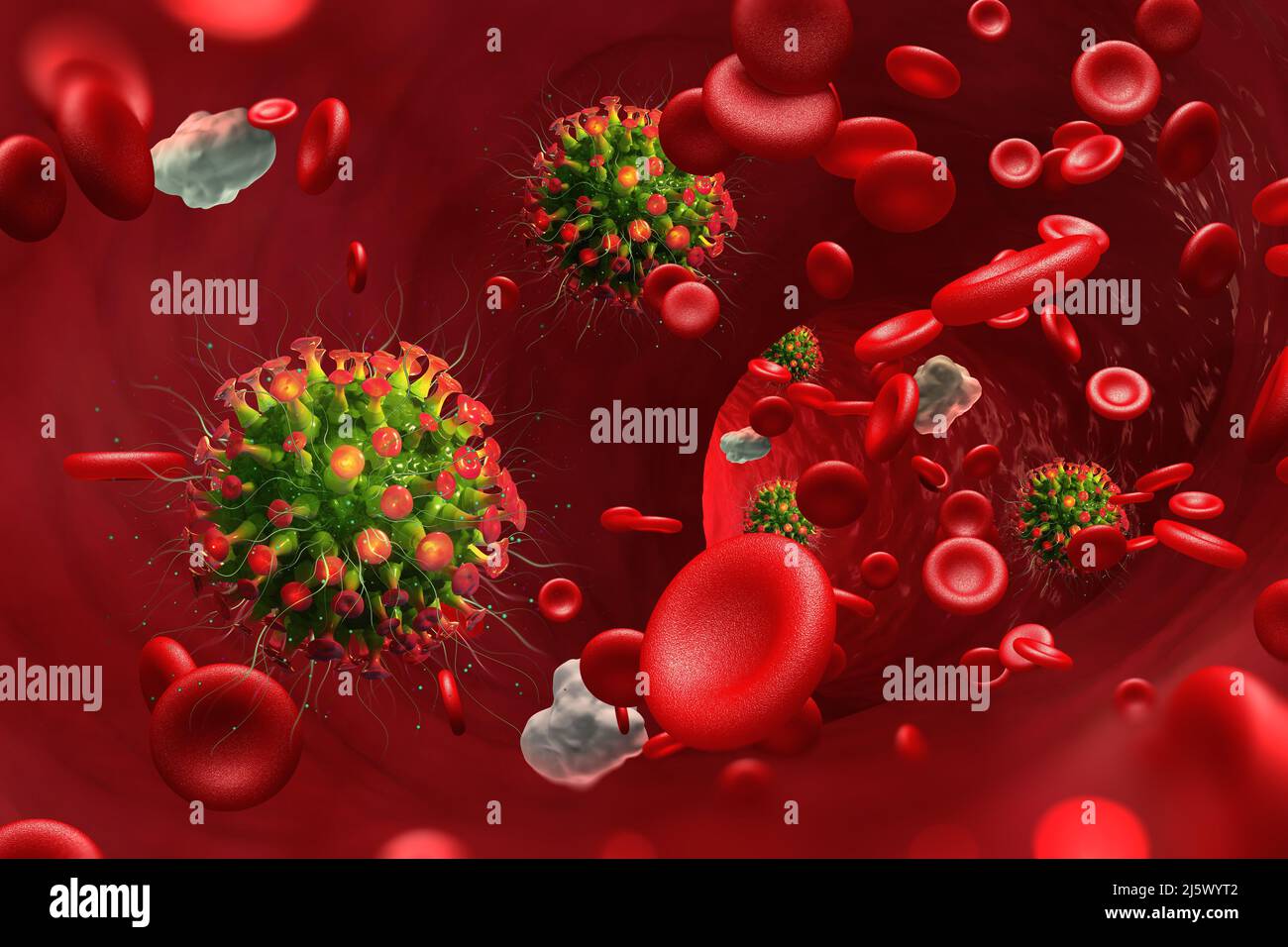 Viral infection in blood. Immunity fights disease. White blood cells attack viruses. Viral mutations and immune defense 3D illustration Stock Photo