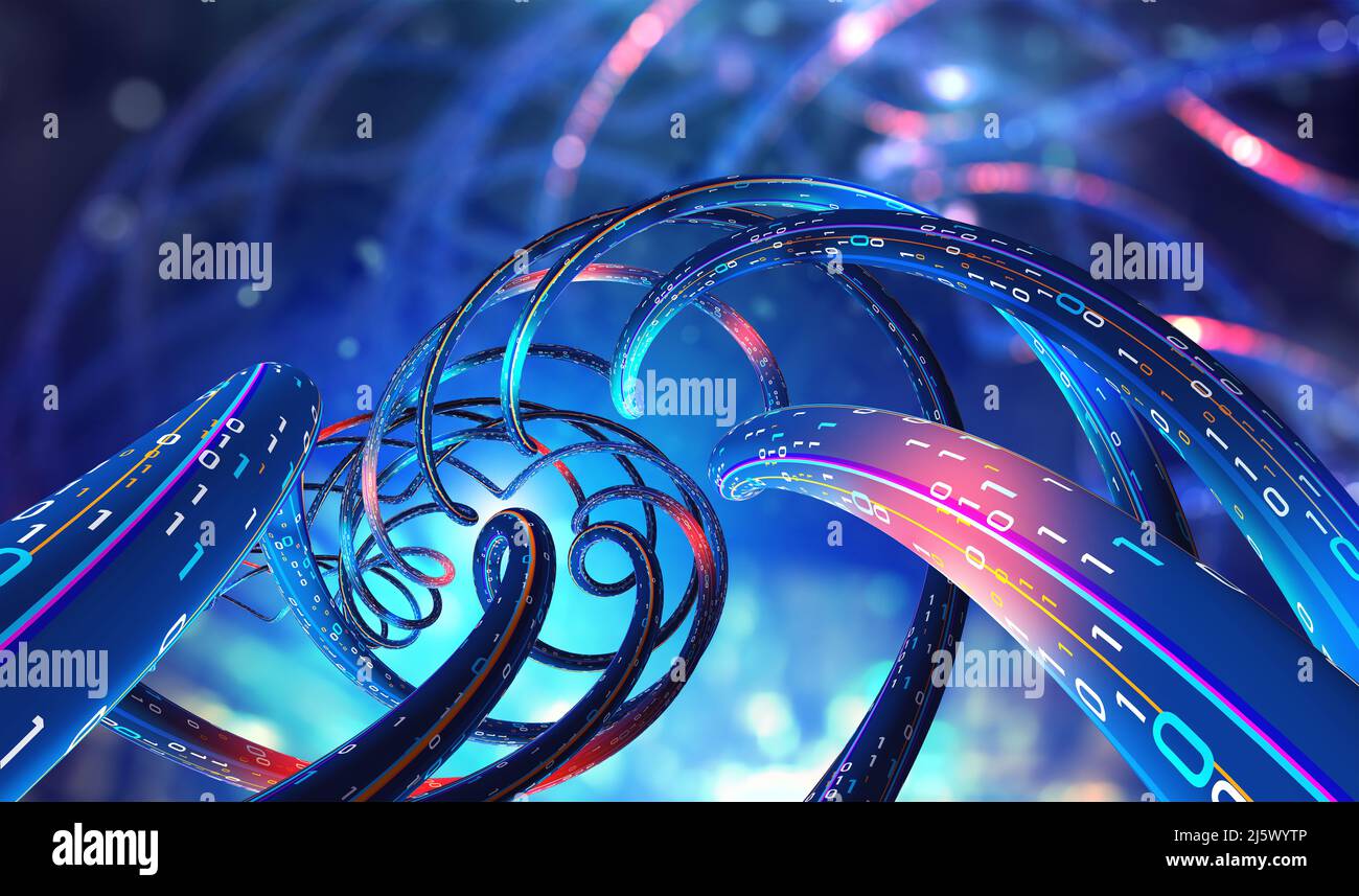 Coding synthetic DNA helix. Nanotechnology and medical research. Stream of binary code in cyberspace. High tech digital network 3D illustration Stock Photo