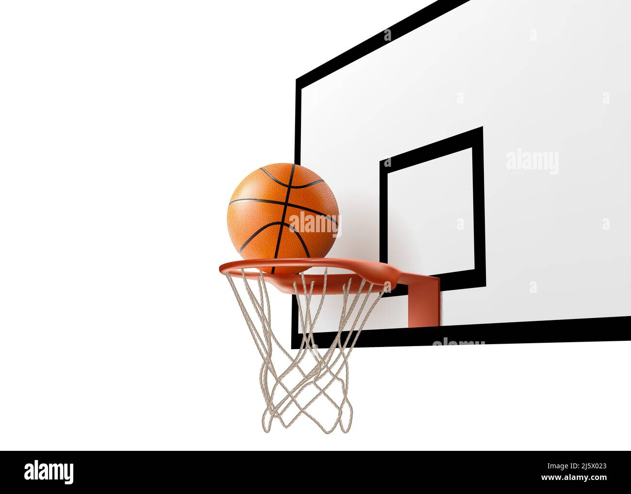 Basketball ball falling into ring hoop net at backboard isolated on