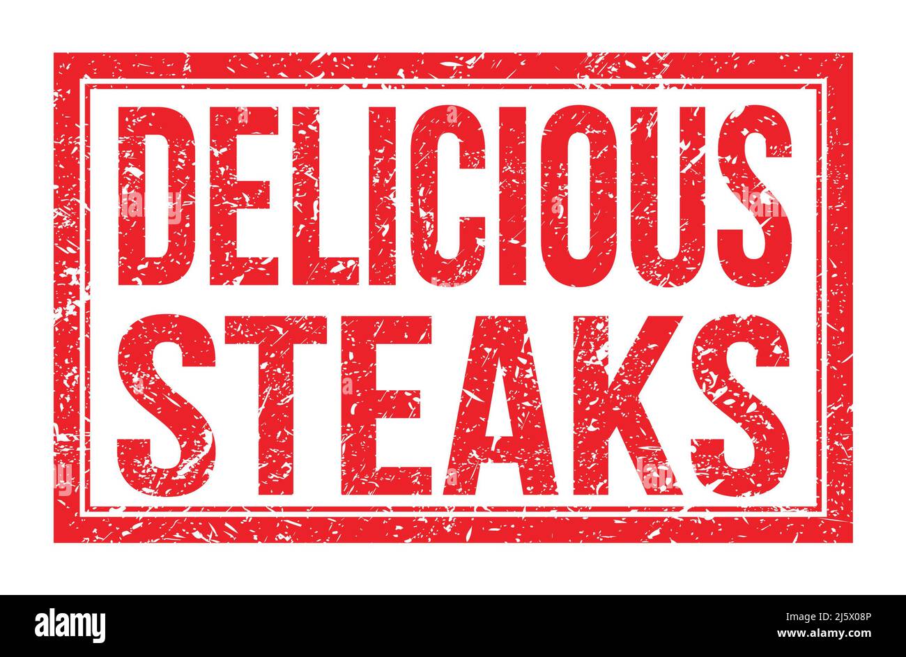 DELICIOUS STEAKS, words written on red rectangle stamp sign Stock Photo Alamy