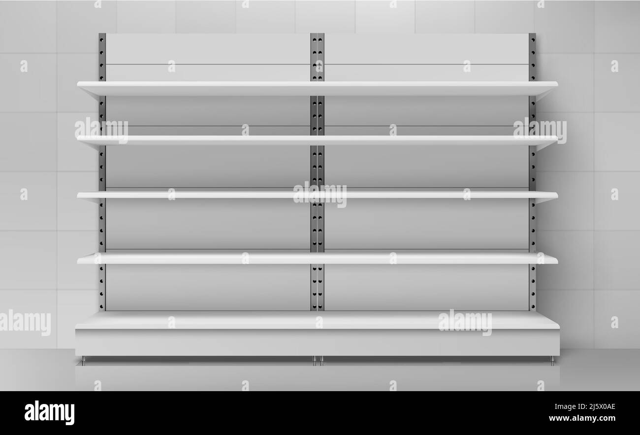 Store shelves, empty retail supermarket rack for products set isolated on tile wall background