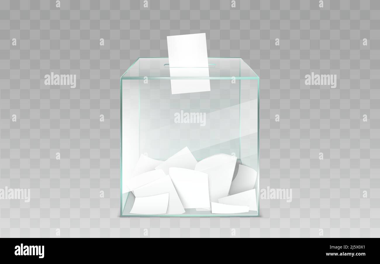 Square glass ballot box filled with blank white ballot paper sheets 3d realistic vector illustration isolated on transparent background. Democratic el Stock Vector