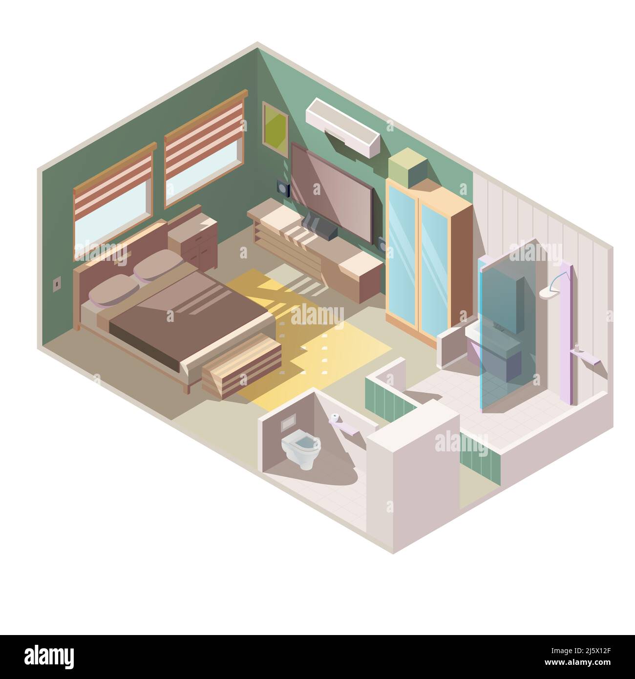Cozy, single room apartment interior with separate toilet and bathroom shower cabin, double bed, TV set, wardrobe, and yellow carpet on floor cross se Stock Vector