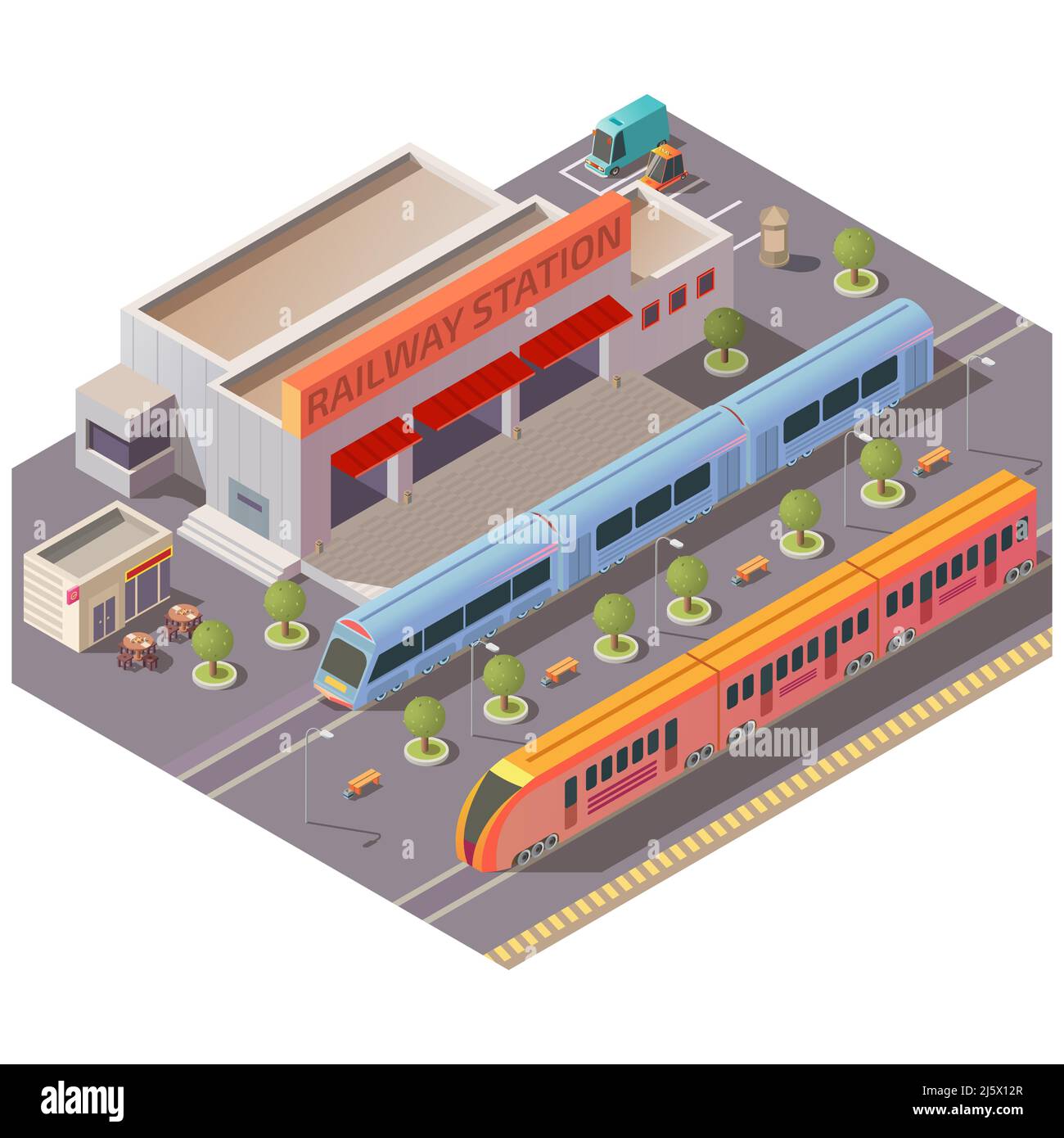 Modern railway station building, street cafe, parking with cars, high-speed passenger trains on rails, trees and benches on platform isometric vector. Stock Vector