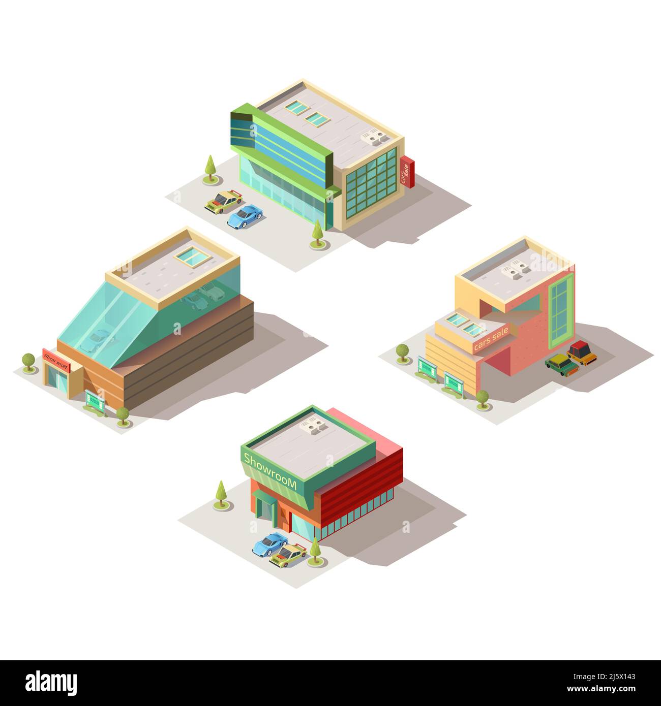 Cars selling salons and dealers showrooms modern buildings entrance exteriors with passenger cars on parking isometric projection vector set isolated Stock Vector