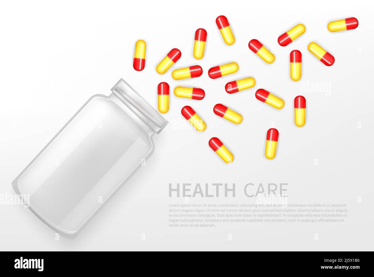 Health care service, pharmaceutical product, medical startup 3d realistic vector ad banner, poster template with pills, scattered medicines capsules, Stock Vector