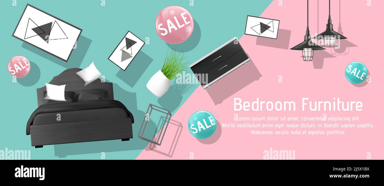 Bedroom furniture shop sale, store discounts 3d realistic vector