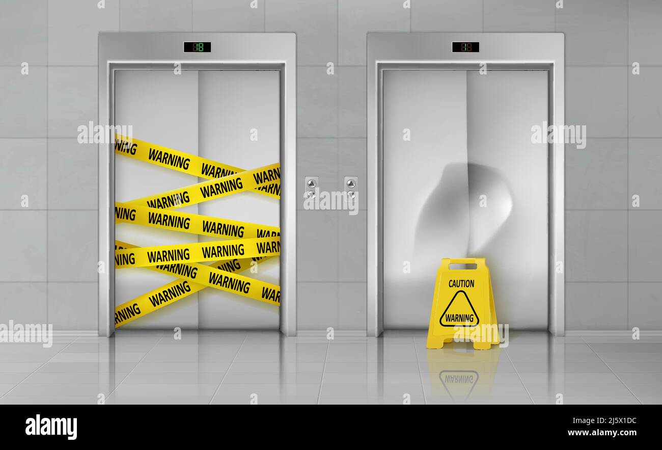 Broken elevators closed for repair or maintenance 3d realistic vector