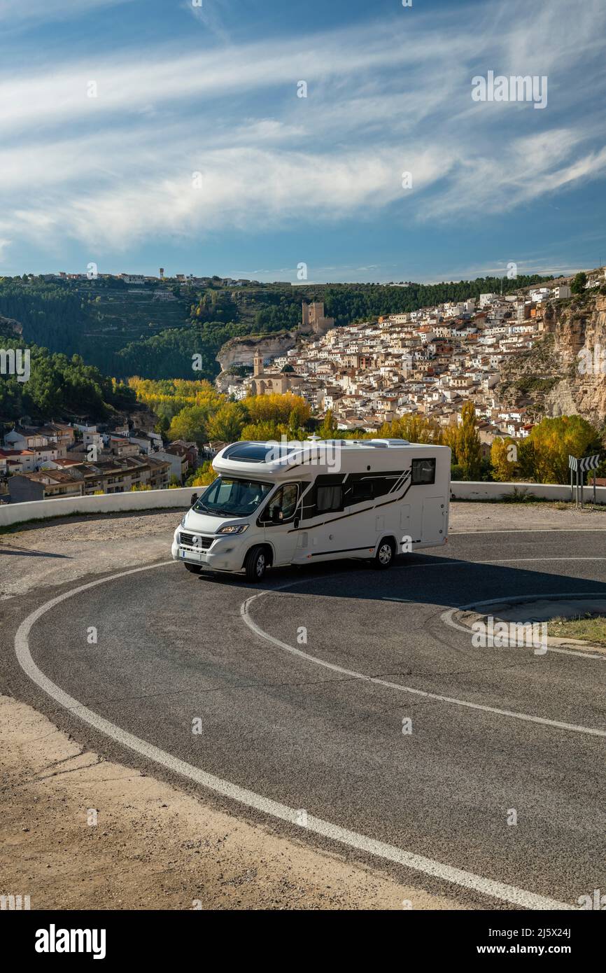 Mobile home on the road, Alcala de Jucar, Spain Stock Photo
