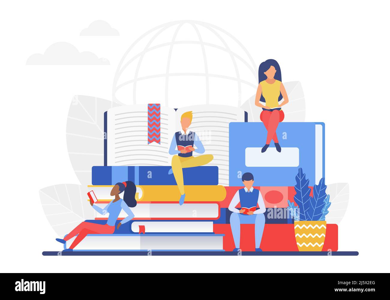 Students reading books and educational learning materials. Library book