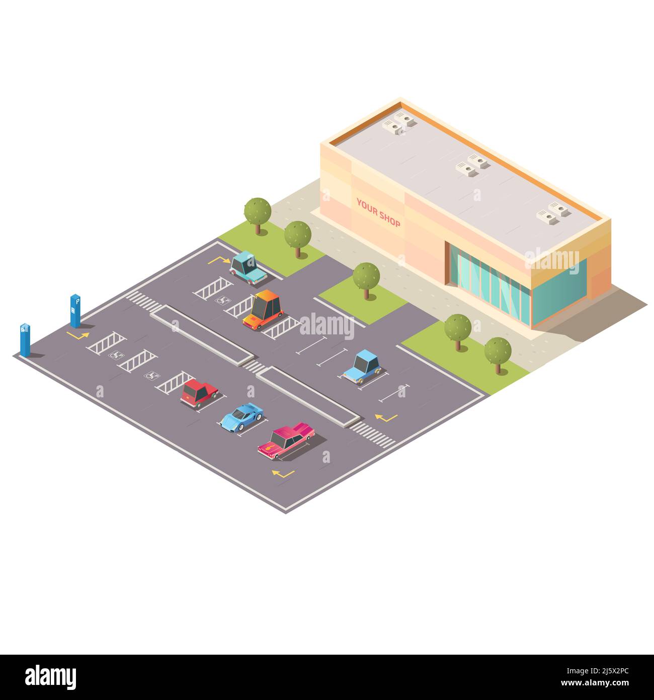 Mall, supermarket car parking area with vehicles, going on road, parked on lots for disabled people near shop building isolated, isometric vector. Cit Stock Vector