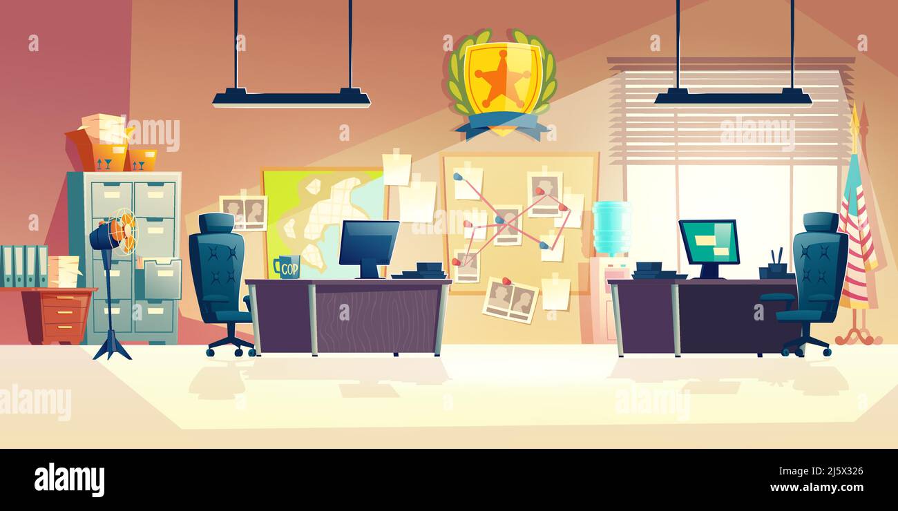 Police station or department, investigation bureau room interior with police officers work desks, detectives, special agents workplaces, office furnit Stock Vector