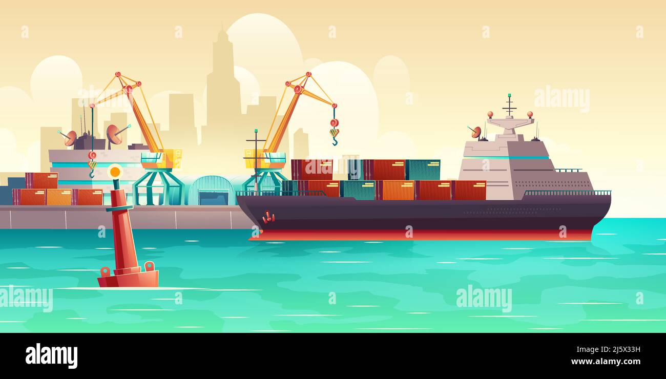 Cargo ship loading in city port. Cranes on dockside, pier unloading shipping containers from freight vessel to shore. Goods transportation, delivery w Stock Vector
