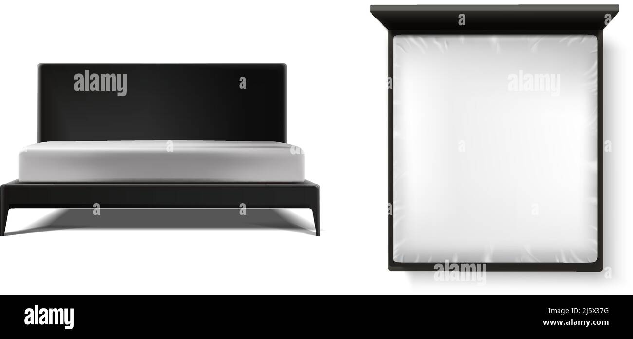 3d realistic vector icon set. Black wooden bed frame with mattress in ...