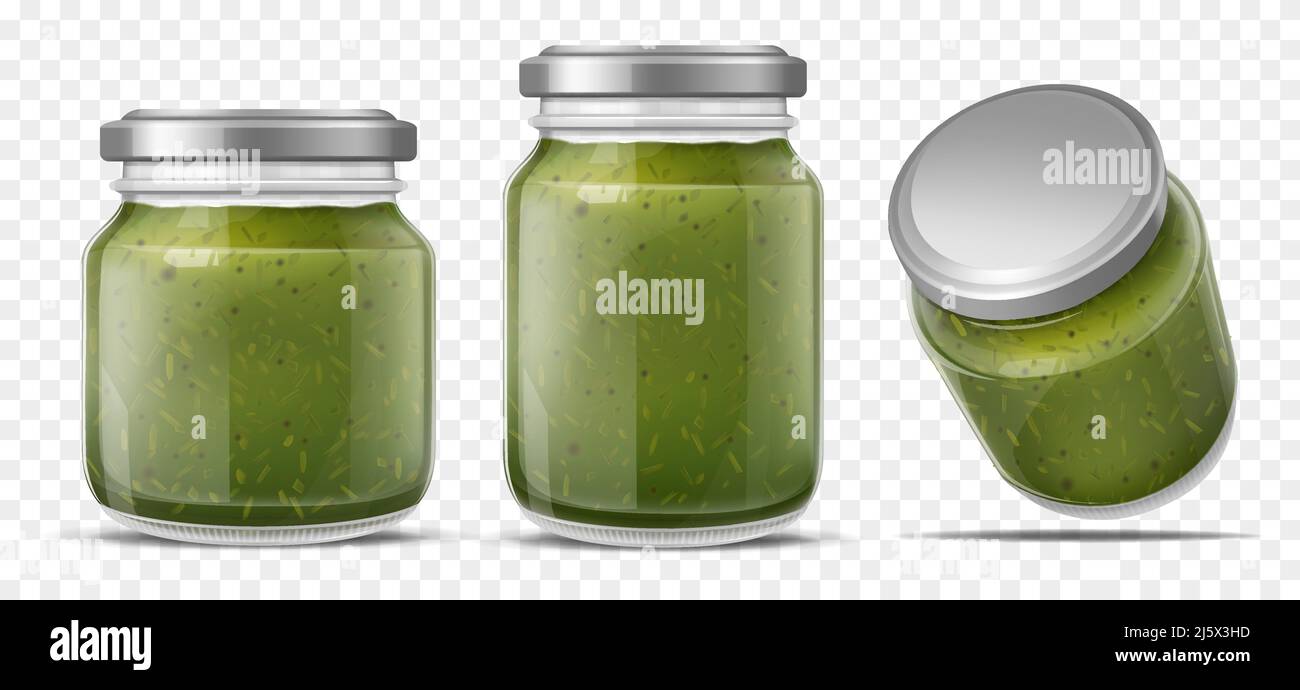 Pesto sauce canned in glass jars with screw metal lid, side, perspective view. Italian cuisine traditional dish home canning, bottling. Food product p Stock Vector