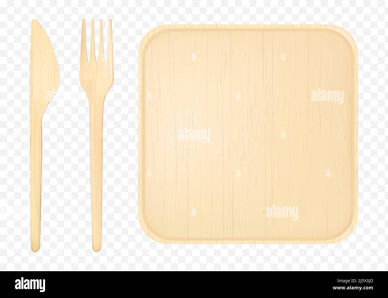 Wooden plate with fork and knife top view, disposable tablewear isolated on background, single use table setting with empty square wood dish natural e Stock Vector
