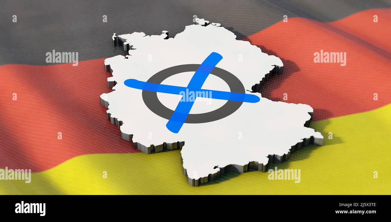 Ein Symbolbild zum Thema Wahl/Bundestagswahl in Deutschland. Deutschlandkarte mit Wahlkreuz auf Deutschlandfahne. Stock Photo