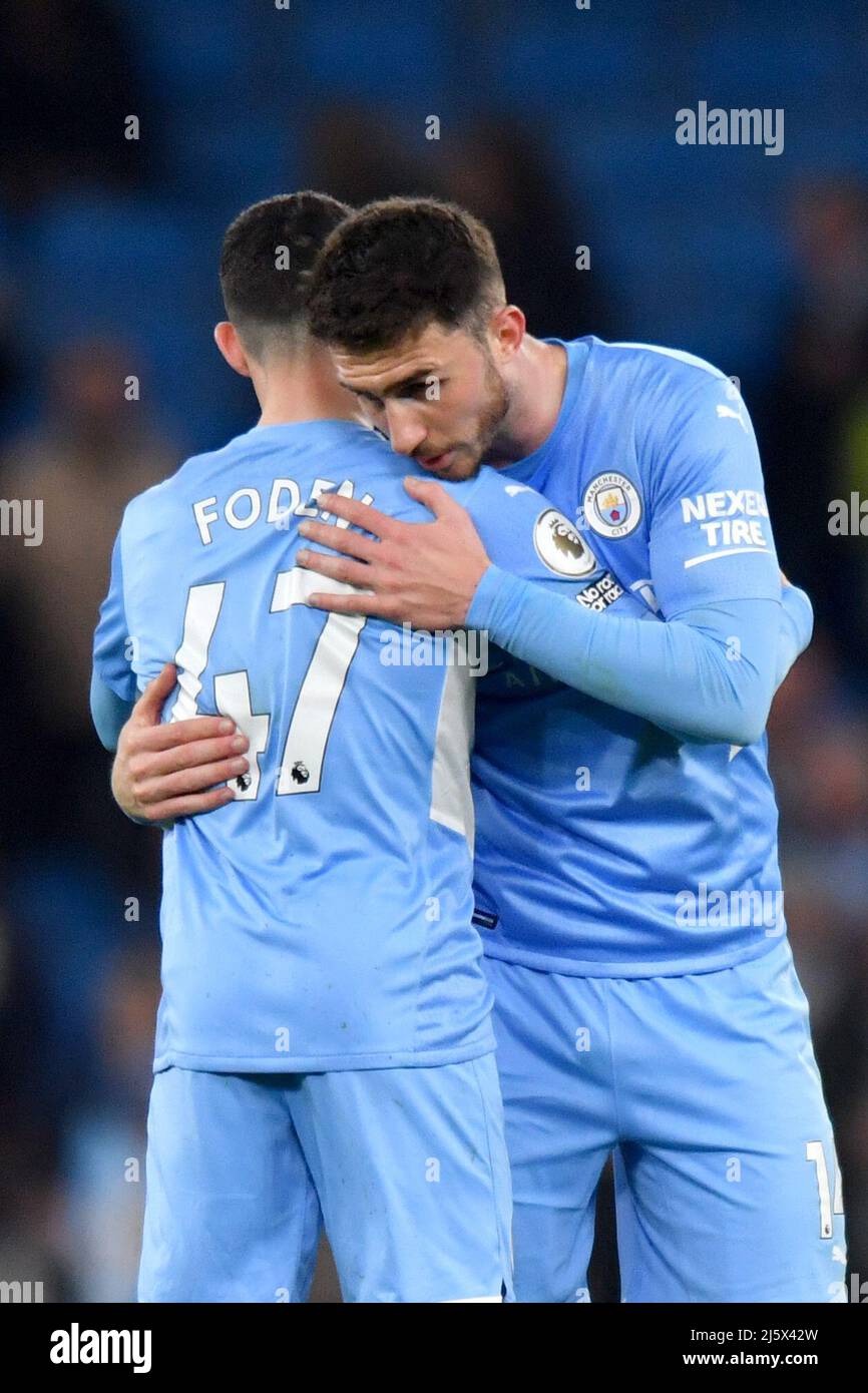 Manchester City's Phil Foden and Manchester City's Aymeric Laporte. Picture date: Thursday April 21, 2022. Photo credit should read:   Anthony Devlin/Alamy Live News/Alamy Live News Stock Photo