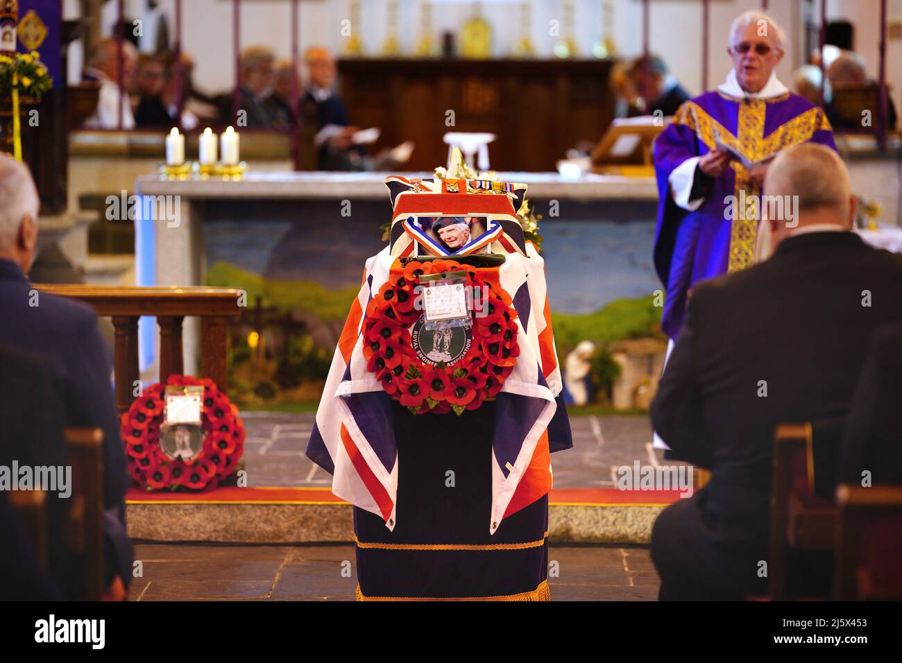 The funeral service for 96-year-old World War II serviceman and Royal British Legion fundraiser Harry Billinge, at St Paul's Church in Charlestown, Cornwall. Harry was just 18 when he was one of the first British soldiers to land on Gold Beach during the Battle for Normandy and was one of only four survivors from his unit. Picture date: Tuesday April 26, 2022. Stock Photo