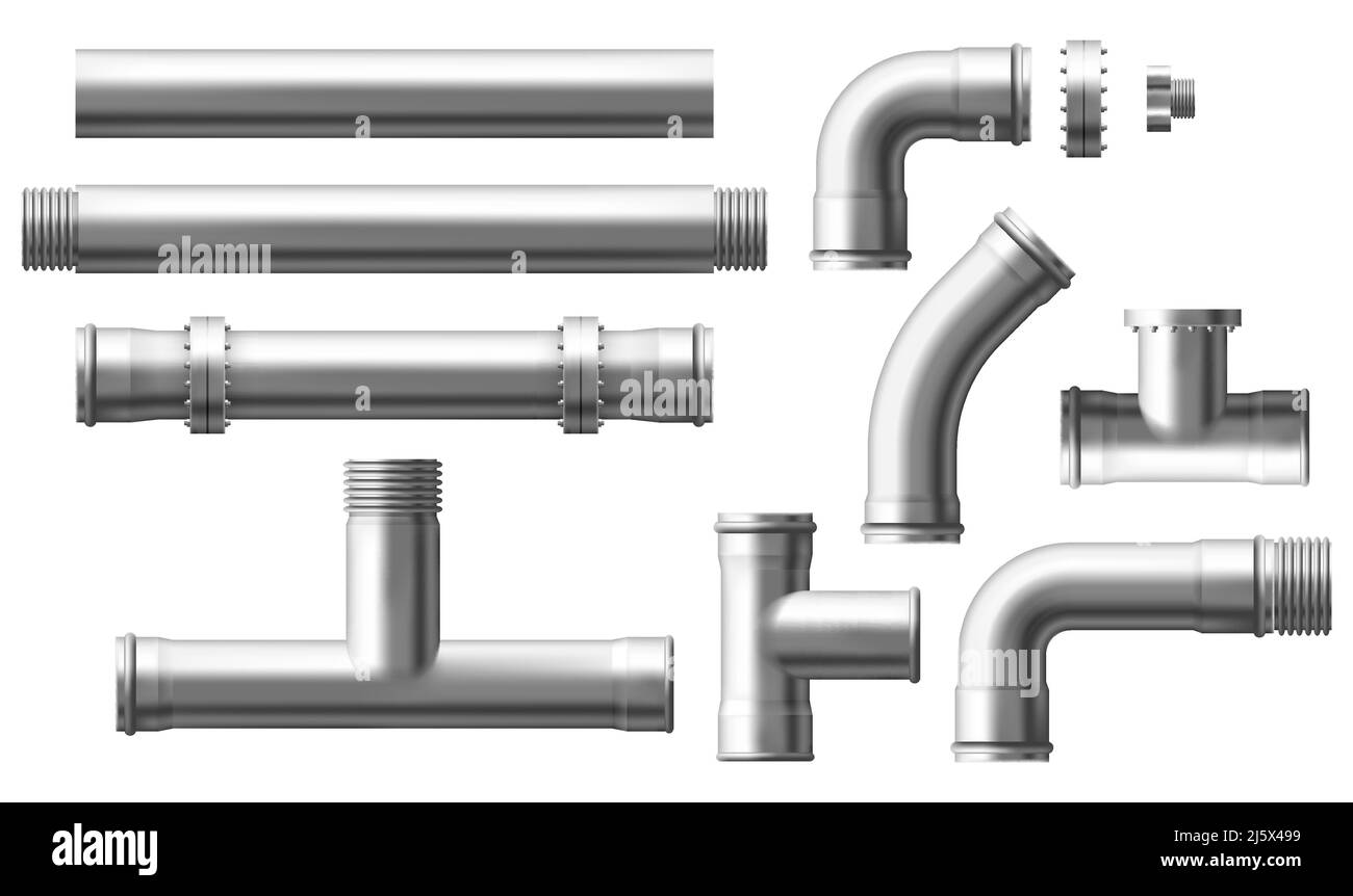 Stainless steel, metallic pipes, plumbing fittings. Water, fuel or gas supply system, oil refinery industry pipeline, house sewer bolted sections, par Stock Vector