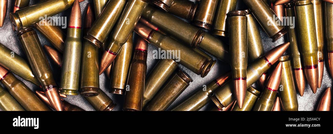 Bullets background texture banner. Cartridges 7.62 caliber for