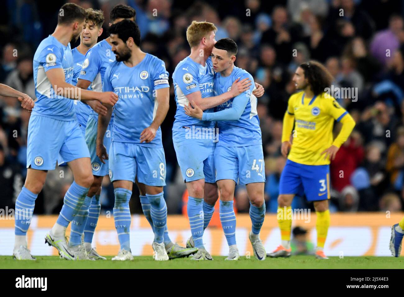Manchester City's Phil Foden celebrates scoring his side's second goal of the game. Picture date: Thursday April 21, 2022. Photo credit should read: Anthony Devlin/Alamy Live News/Alamy Live News Stock Photo
