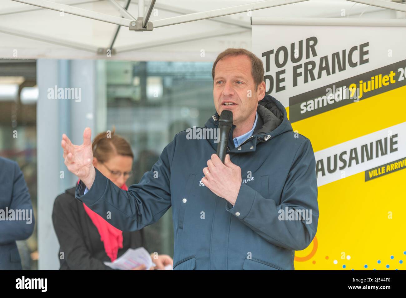 Lausanne, Switzerland. 26th Apr, 2022. Lausanne Switzerland, 04/26/2022: Christian Prudhomme (Director of the Tour of France) explained the interest of having the Tour de France pass through Lausanne during the Ceremony of the Tour of France-Lausanne 2022 (Credit Image: © Eric Dubost/Pacific Press via ZUMA Press Wire) Stock Photo