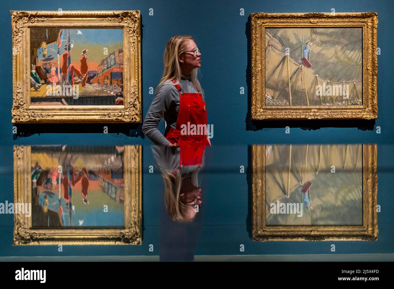 London, UK. 26th Apr, 2022. Brighton Pierots, 1915, and Trapeze - Tate Britain unveils London's biggest retrospective of Walter Sickert (1860-1942) in almost 30 years. A master of self-invention and theatricality, Sickert took a radically modern approach to painting in the late 19th and early 20th centuries, transforming how everyday life was captured on canvas. The exhibition features over 150 of his works from over 70 public and private collections spanning his six-decade career. Credit: Guy Bell/Alamy Live News Stock Photo