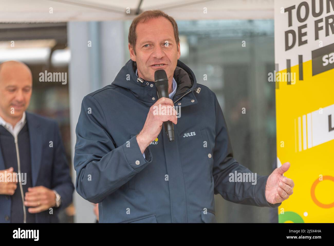 Lausanne, Switzerland. 26th Apr, 2022. Lausanne Switzerland, 04/26/2022: Christian Prudhomme (Director of the Tour of France) explained the interest of having the Tour de France pass through Lausanne during the Ceremony of the Tour of France-Lausanne 2022 (Credit Image: © Eric Dubost/Pacific Press via ZUMA Press Wire) Stock Photo