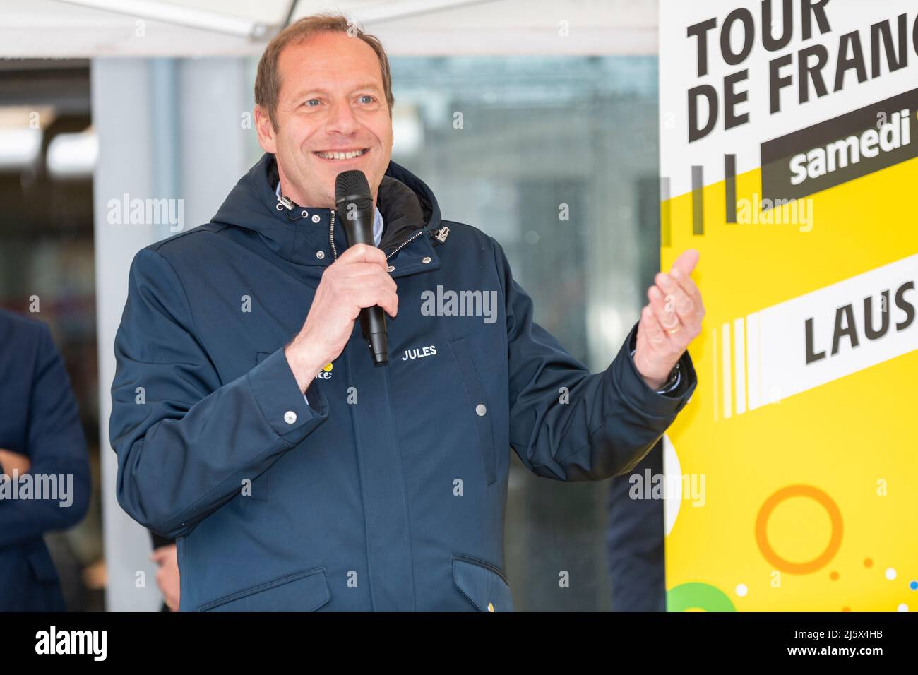 Lausanne, Switzerland. 26th Apr, 2022. Lausanne Switzerland, 04/26/2022: Christian Prudhomme (Director of the Tour of France) explained the interest of having the Tour de France pass through Lausanne during the Ceremony of the Tour of France-Lausanne 2022 (Credit Image: © Eric Dubost/Pacific Press via ZUMA Press Wire) Stock Photo