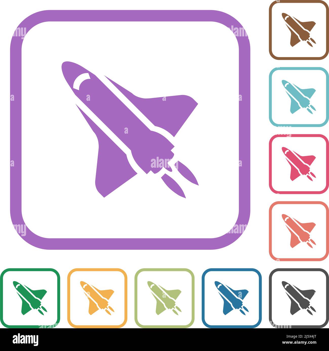Space shuttle with propulsion simple icons in color rounded square frames on white background Stock Vector