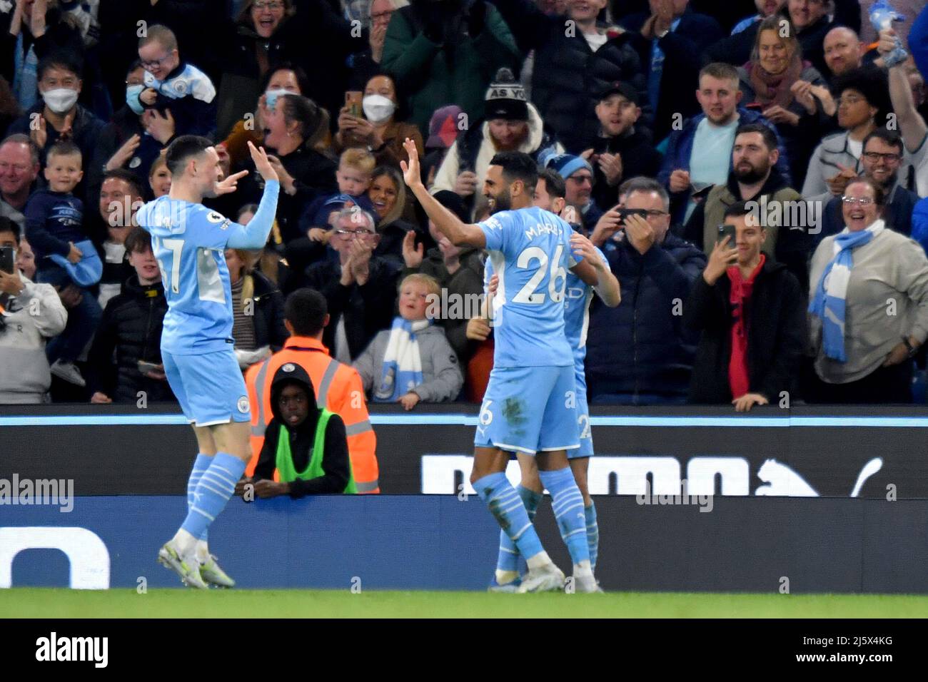 Manchester City's Riyad Mahrez celebrates scoring his side's first goal of the game. Picture date: Thursday April 21, 2022. Photo credit should read:   Anthony Devlin/Alamy Live News/Alamy Live News Stock Photo