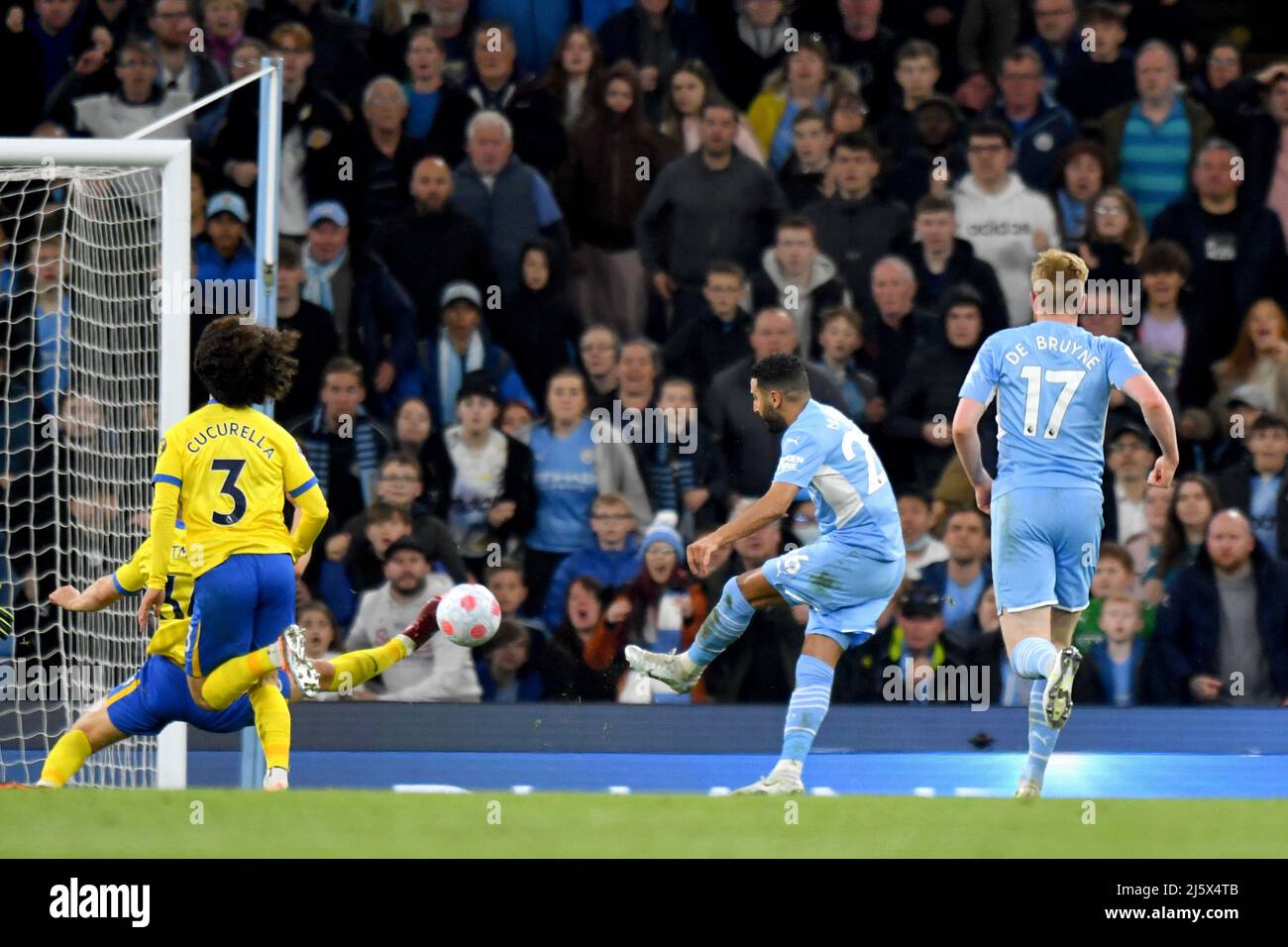Manchester City's Riyad Mahrez scores his side's first goal of the game. Picture date: Thursday April 21, 2022. Photo credit should read:   Anthony Devlin/Alamy Live News/Alamy Live News Stock Photo