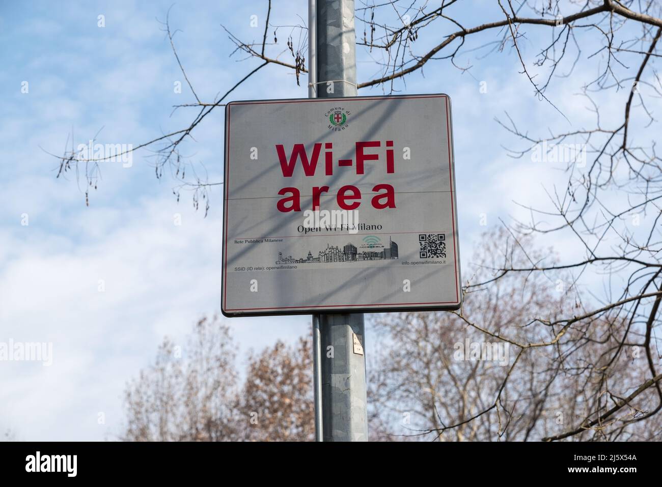 Free Wi-Fi sign. Wifi area sign at a Milan public park, Italy. Free wifi concept Stock Photo