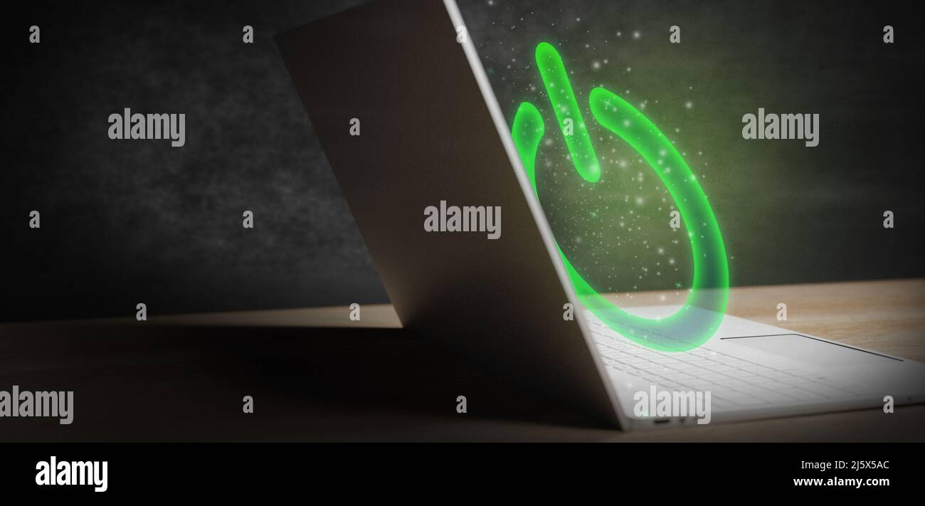 Power button glowing hologram laptop 3D Render Stock Photo - Alamy