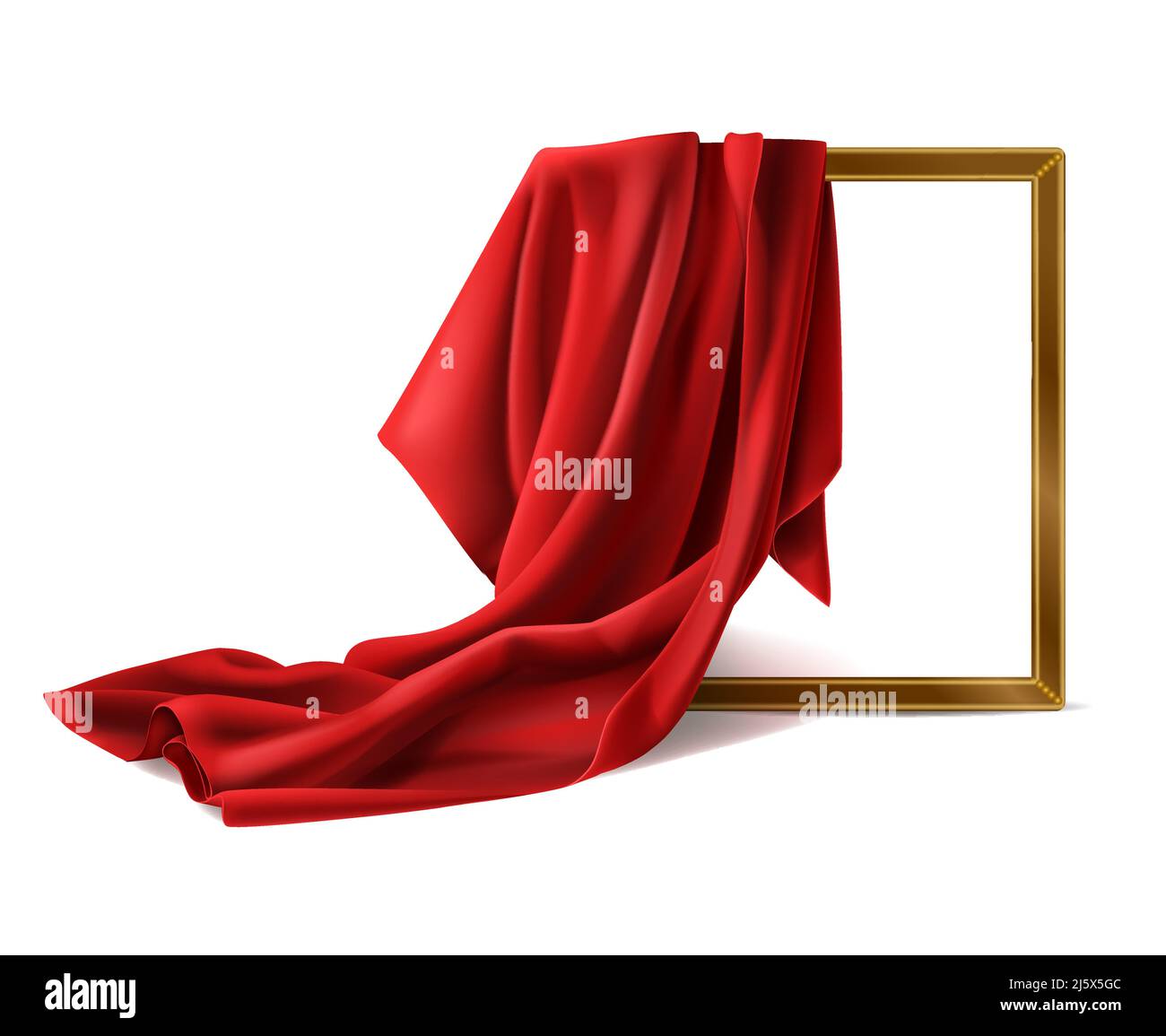 Red silk cloth cover wooden painting frame isolated on white background