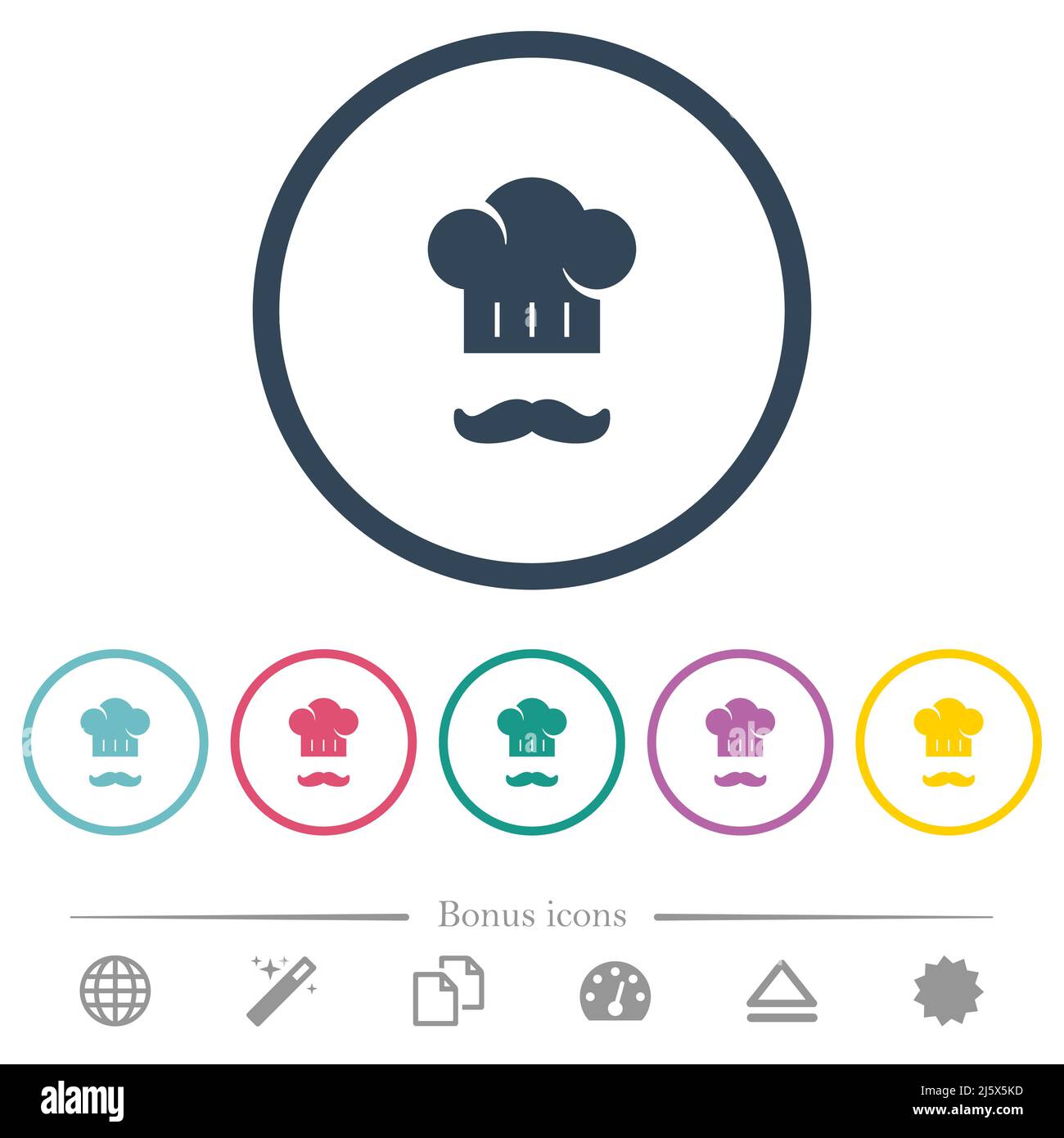 Chef hat and mustache flat color icons in round outlines. 6 bonus icons ...