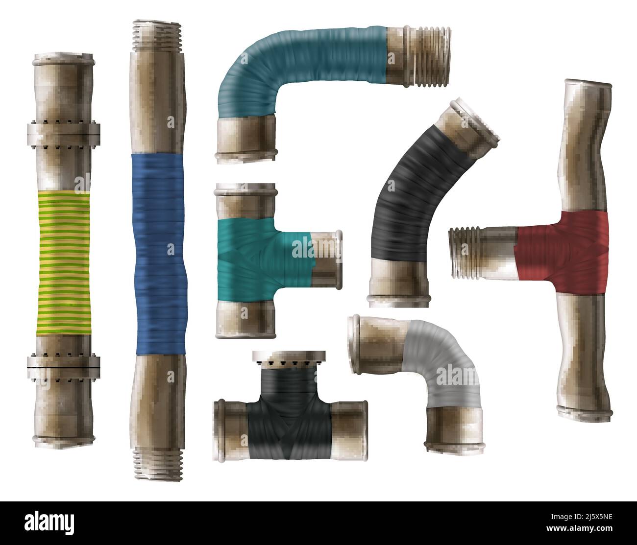 Old, rusty pipes rolled with color repair tape set. Damaged metal pipeline elements, repaired old tubes, water supply system leakage fix 3d realistic Stock Vector