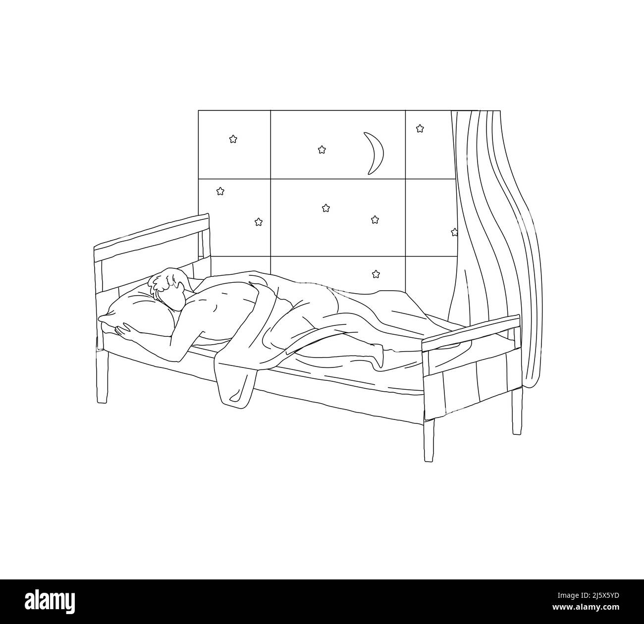 Man sleeping in home bed at night outline vector Stock Vector