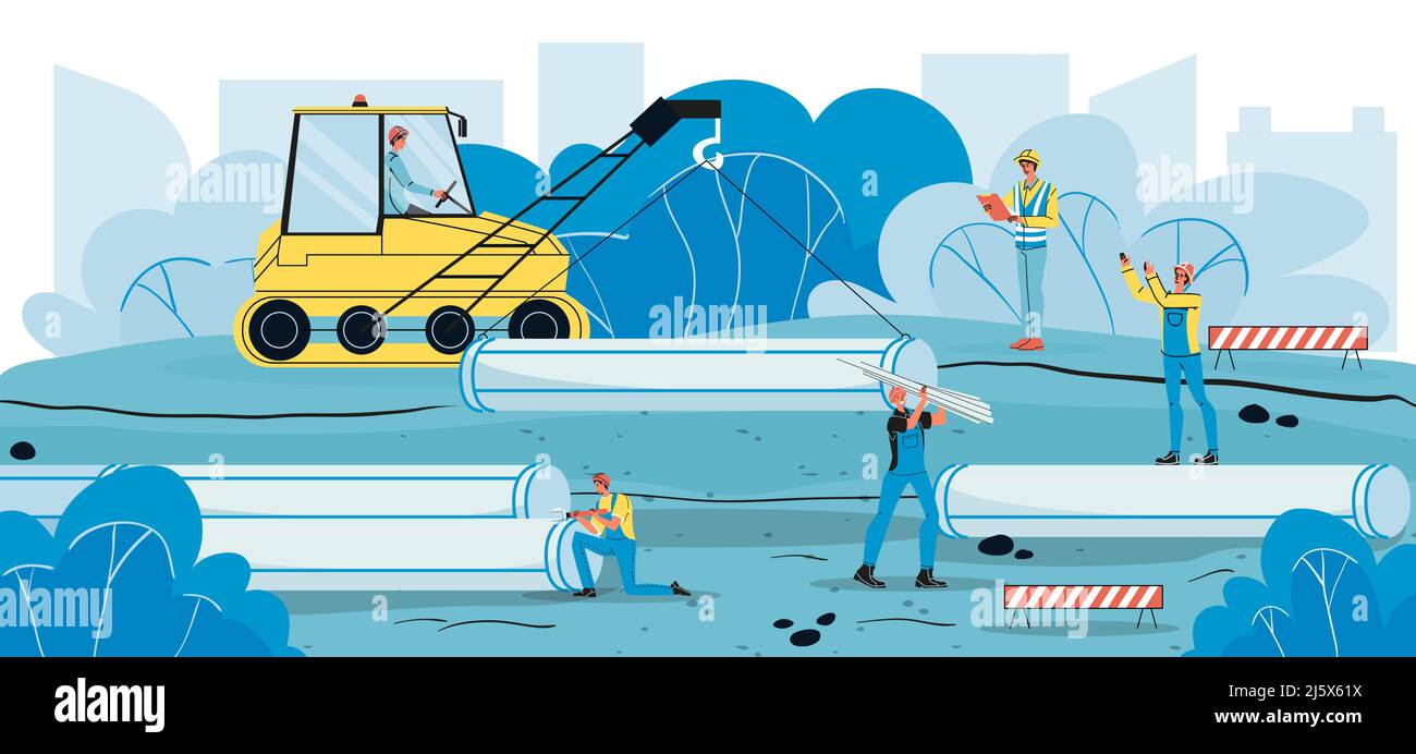 Builder team with construction vehicle laying pipe Stock Vector