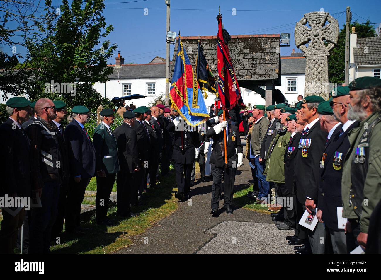 Standard-bearers at the funeral service for 96-year-old World War II serviceman and Royal British Legion fundraiser Harry Billinge, at St Paul's Church in Charlestown, Cornwall. Harry was just 18 when he was one of the first British soldiers to land on Gold Beach during the Battle for Normandy and was one of only four survivors from his unit. Picture date: Tuesday April 26, 2022. Stock Photo